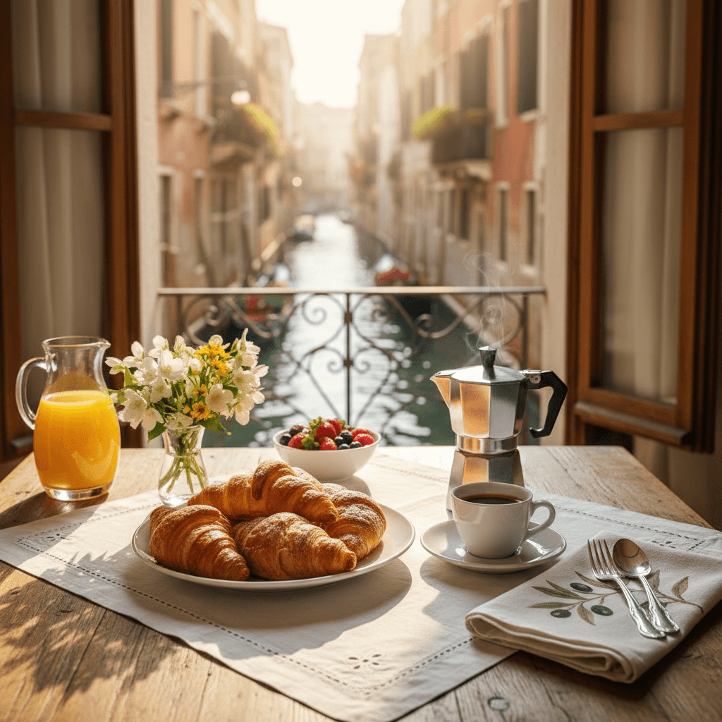 Italian breakfast with fresh pastries and coffee in a Venice guesthouse setting