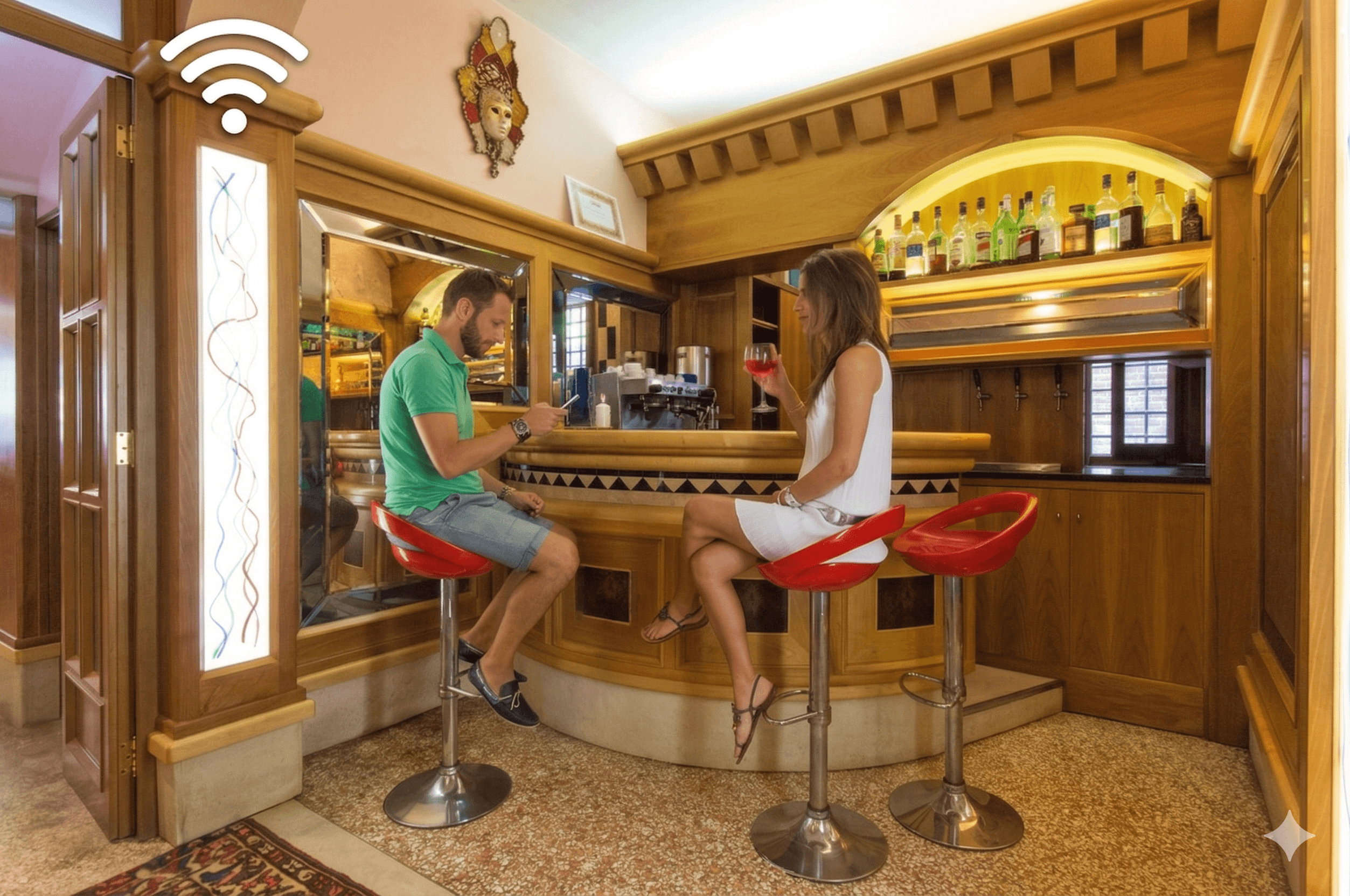 Coppia seduta al bancone di un bar in legno con sgabelli rossi e segnale Wi-Fi.